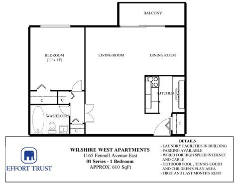A floor plan for a 1 bedroom apartment with a laundry facility in the building.